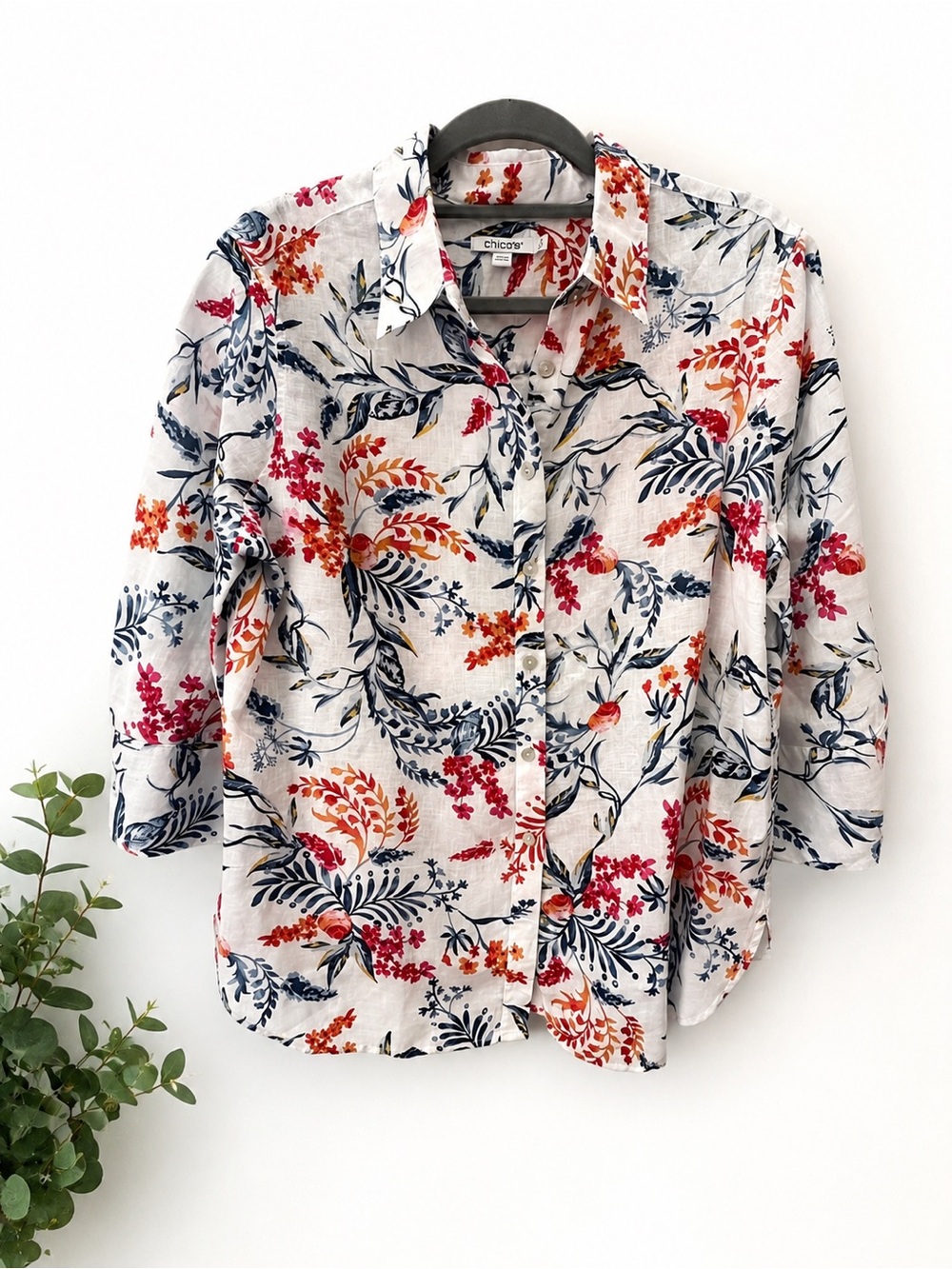 Chico's White Linen Button-Down Shirt with Blue, Red & Orange Floral Print